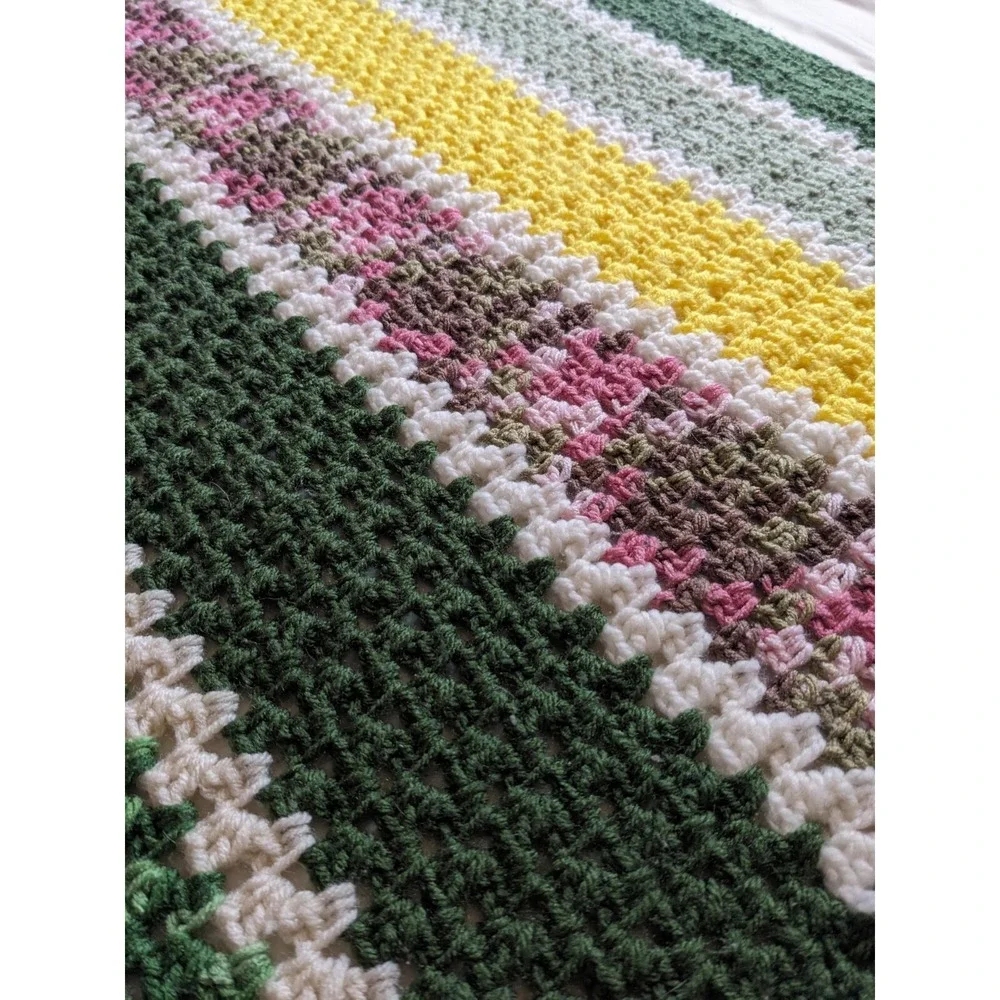 Handmade Blanket Afghan Throw‎ Crochet Green Purple Yellow 41